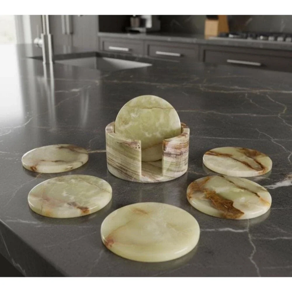 Green Onyx Coasters Set of 6 with Holder | Heavy Natural Stone Drink Coasters